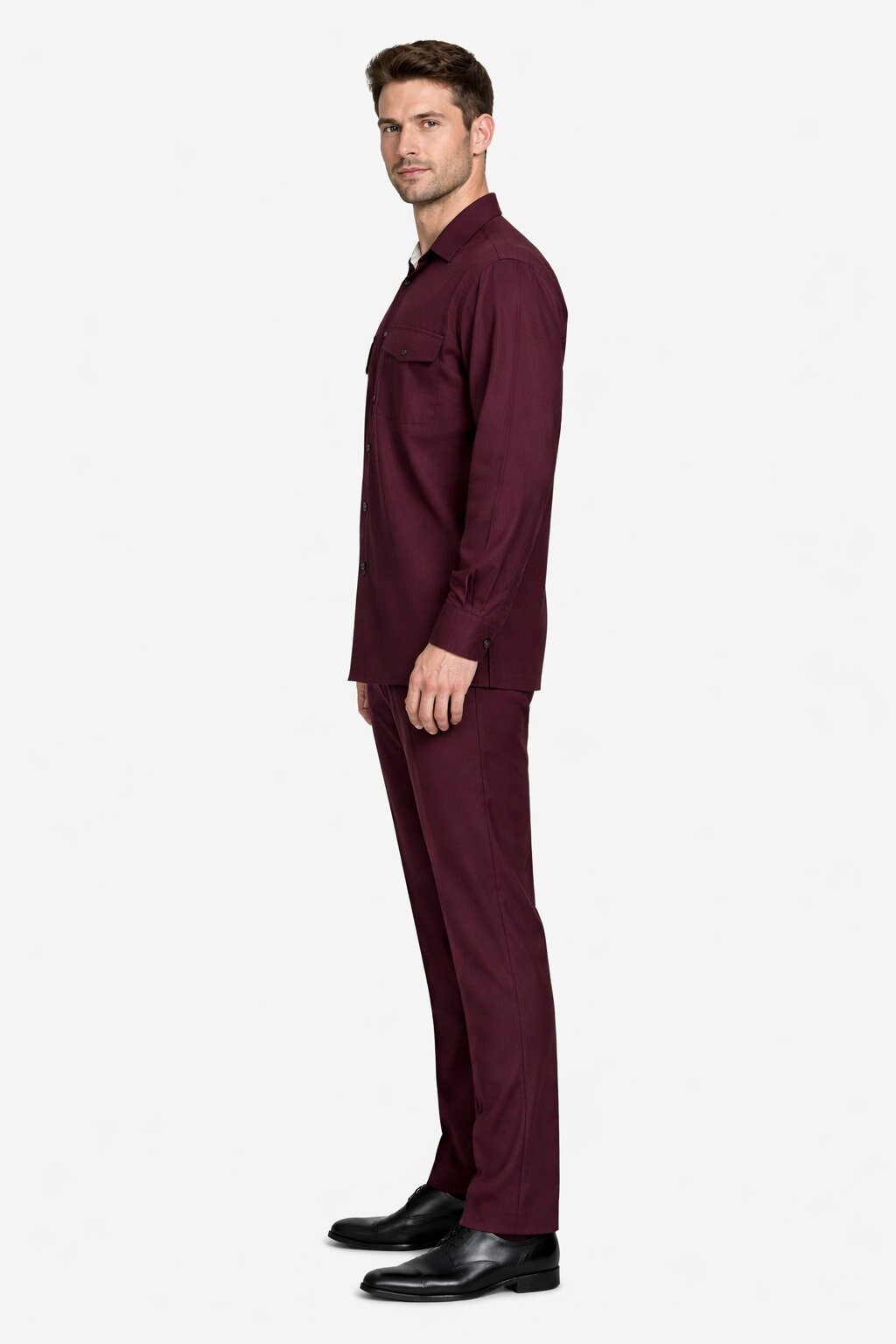 Mens Luxury Burgundy Wool Two-Piece Leisure Walking Suit