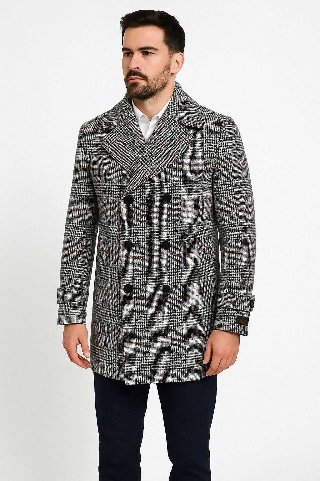 Mens Double-Breasted Houndstooth Plaid Overcoat in Black, White, and Red