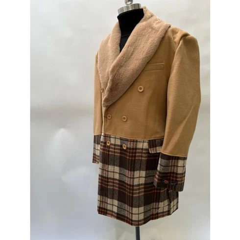 Mens Camel Brown Shawl Collar Overcoat with Plaid Wool Bottom – Double-Breasted Winter Topcoat With Fur Collar