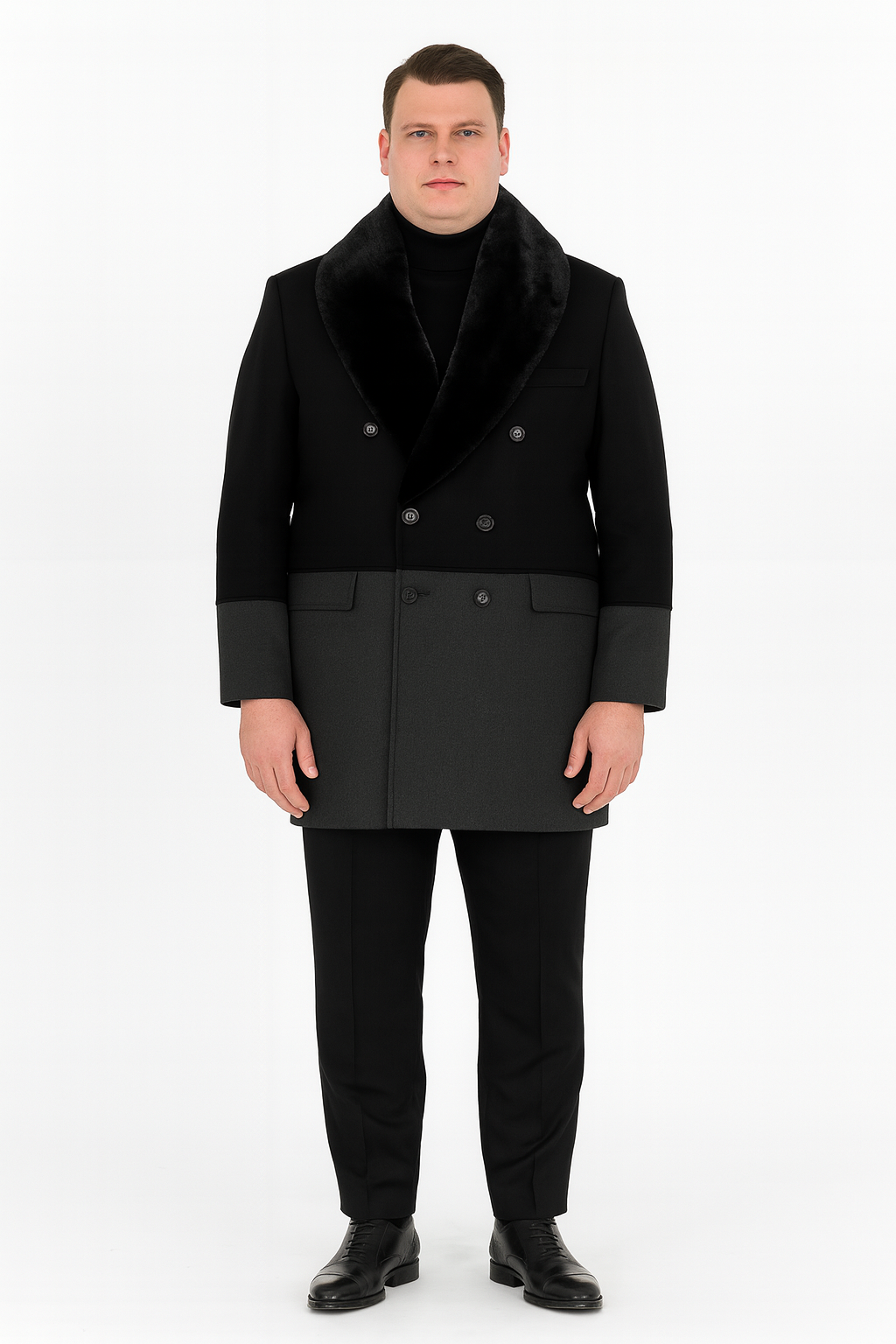 Mens Double-Breasted Wool Overcoat with Faux Fur Shawl Collar Classic Winter Dress Coat in Half Black and Charcoal