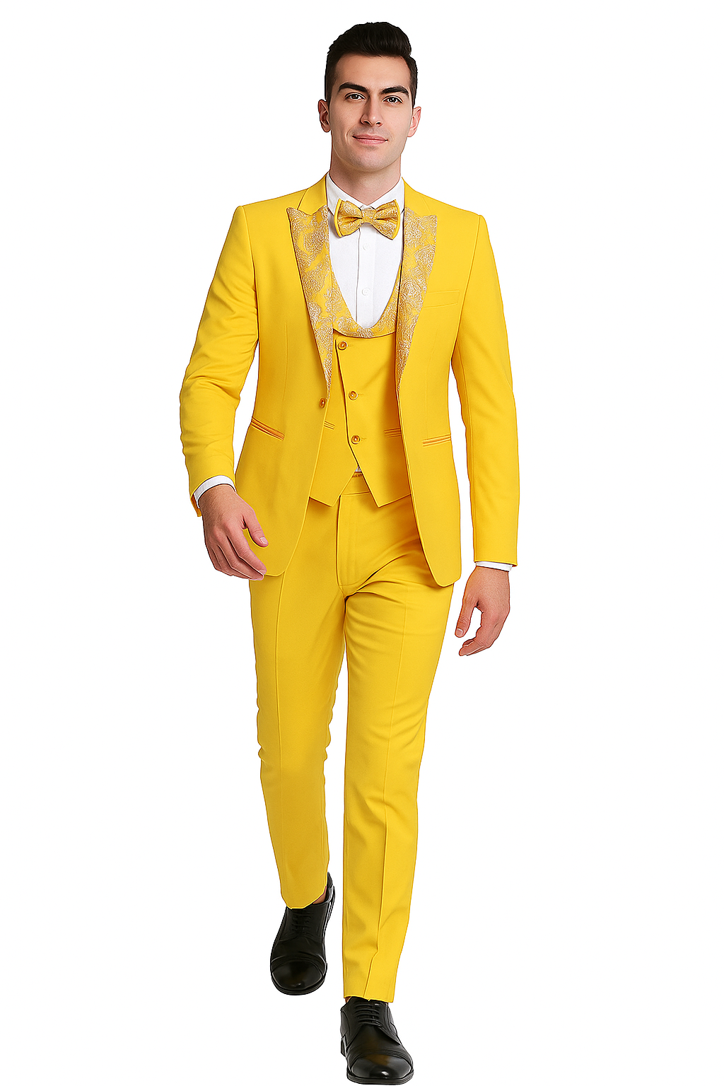 Radiant Golden Bloom Mens 3-Piece Suits with Floral Peak Lapel