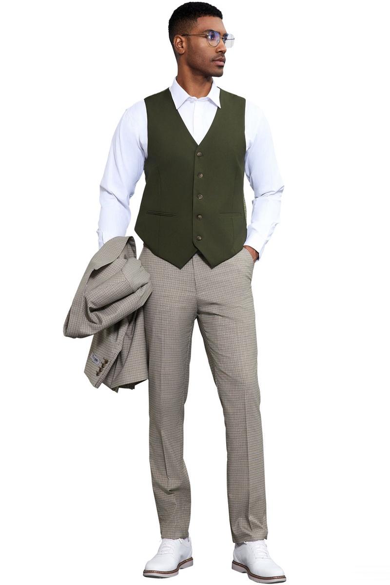 Men's Stacy Adams One Button Peak Lapel Vested Micro Check in Sage Green with an Olive Green Vest