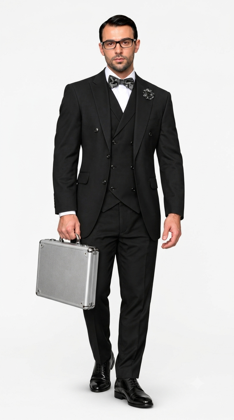 Men’s 3 Piece Classic Fit Suit with Double-Breasted Vest and Pleated Pants - Black