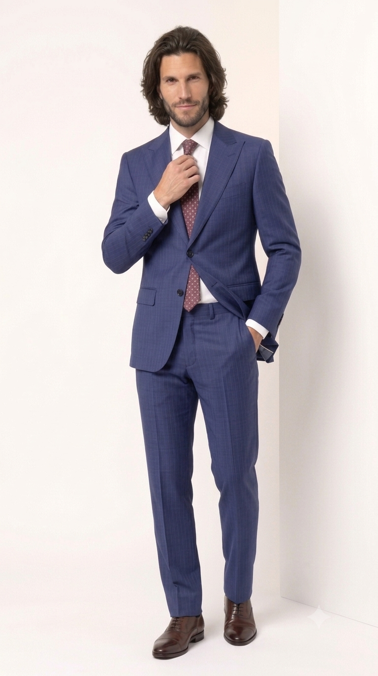 Statement Men's 2 Piece 100% Super 200 Wool Modern Fit Suit - Pic Stitching Peak Lapel Two Buttons in Color Navy