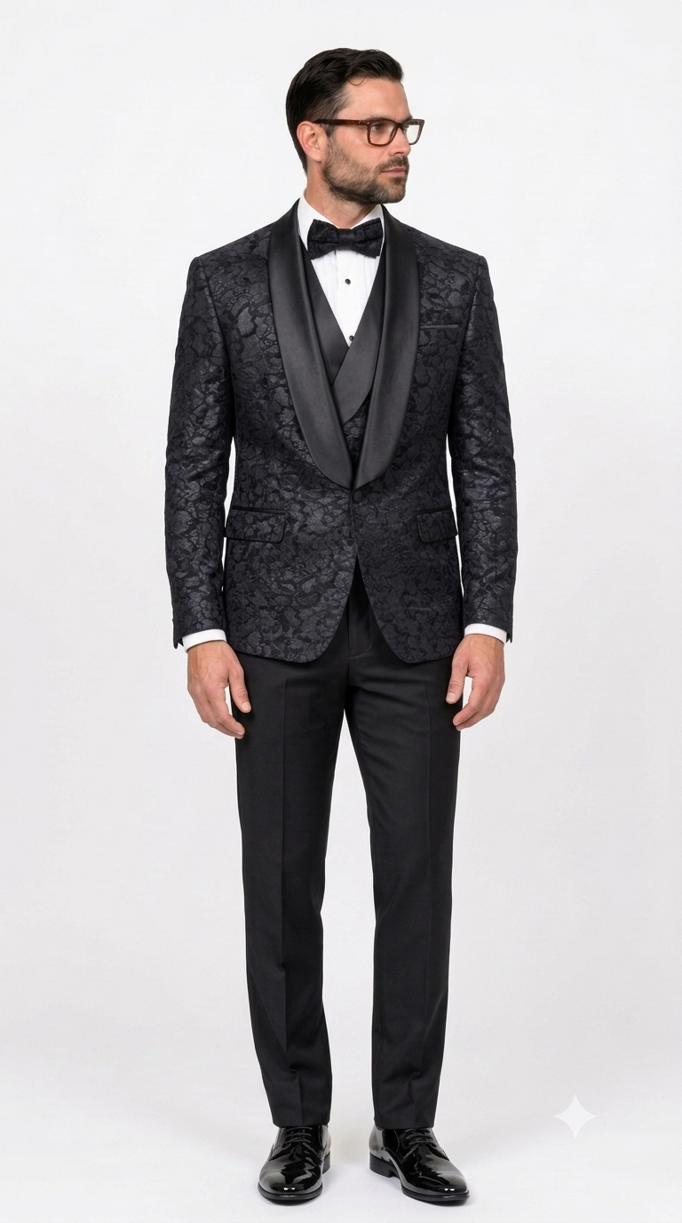 3-Piece Black Lace Tuxedo with Satin Shawl Lapel & Satin Trim