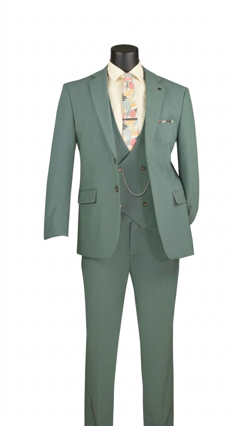 Men’s 3-Piece Modern Fit Super Stretch Suit with Pocket Square and Lapel Pin - Sage