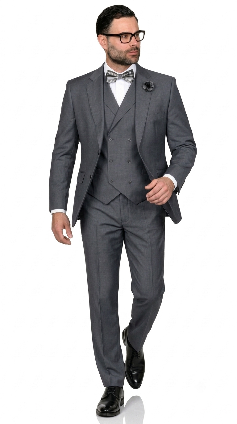 Men’s 3 Piece Classic Fit Suit with Double-Breasted Vest and Pleated Pants - Charcoal