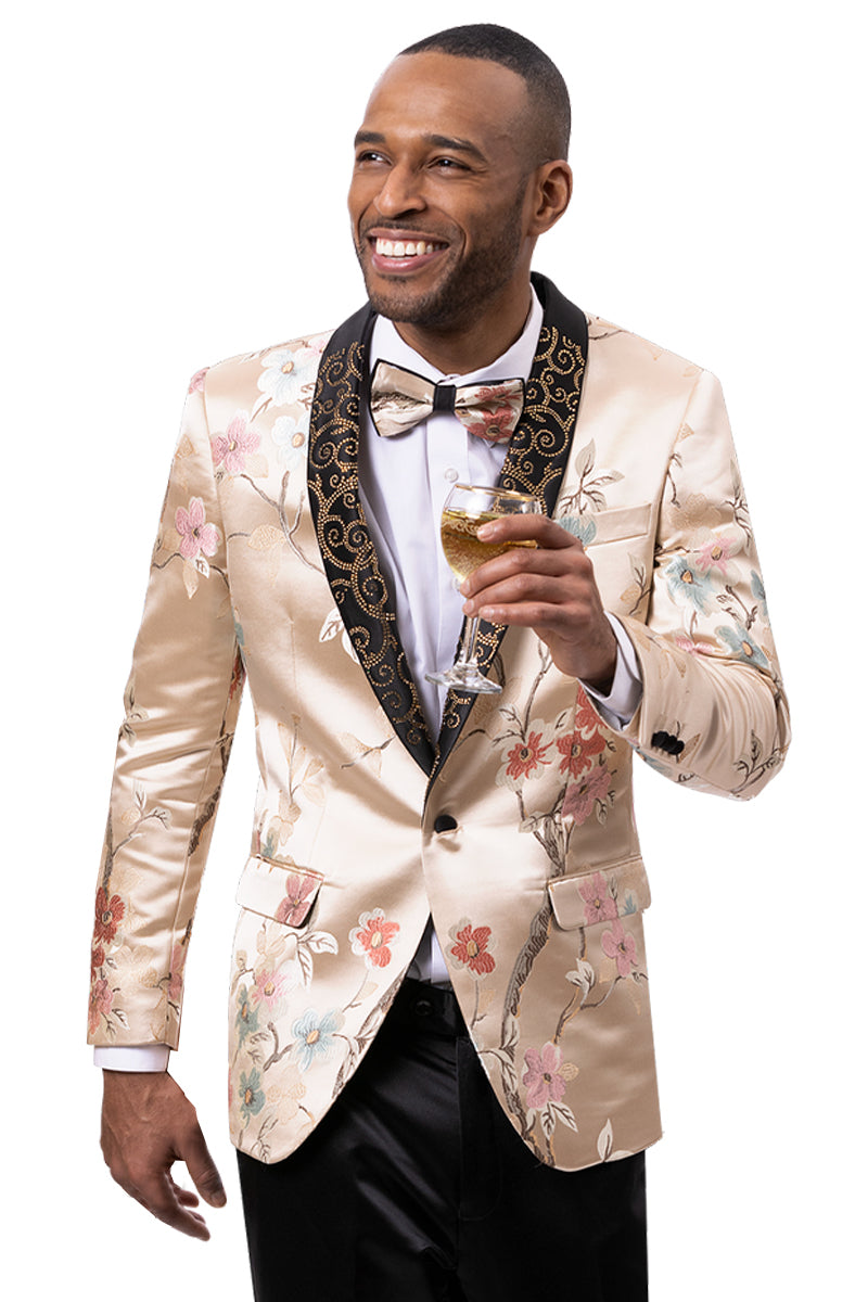 Men's Modern Fit Japanese Floar Pattern Satin Tuxedo Jacket in Champagne Tan