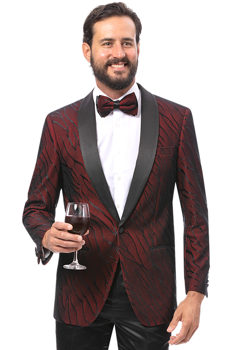 Men's One Button Modern Fit Organic Print Tuxedo Blazer in Dark Burgundy