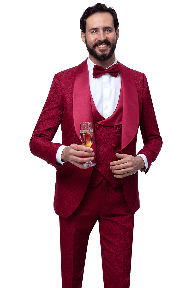 Men's Vested Shawl Lapel Wedding & Prom Tuxedo in Burgundy Wine Paisley