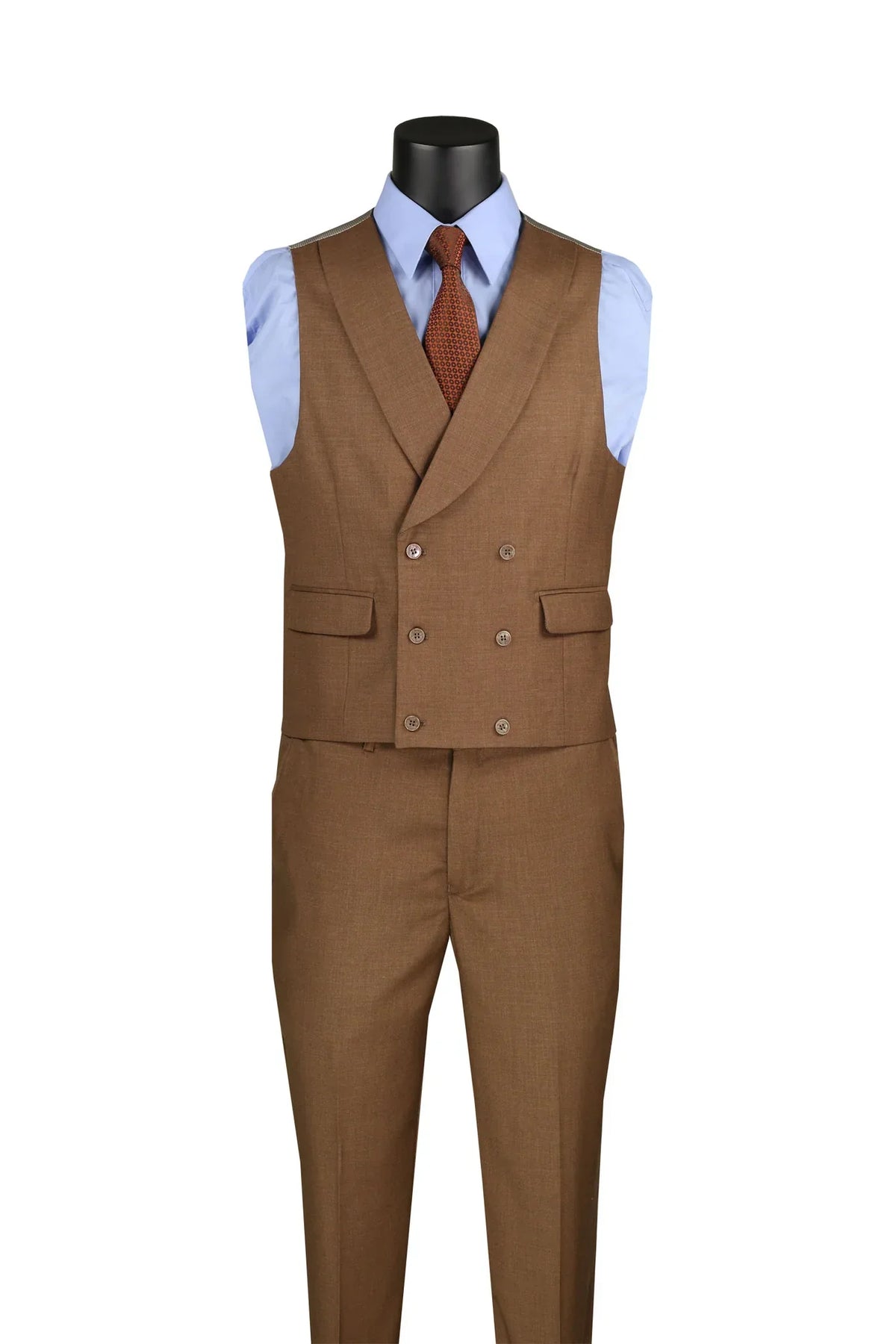 Light Brown Modern Fit 3-Piece Suit with Lapel Vest & Adjustable Pants