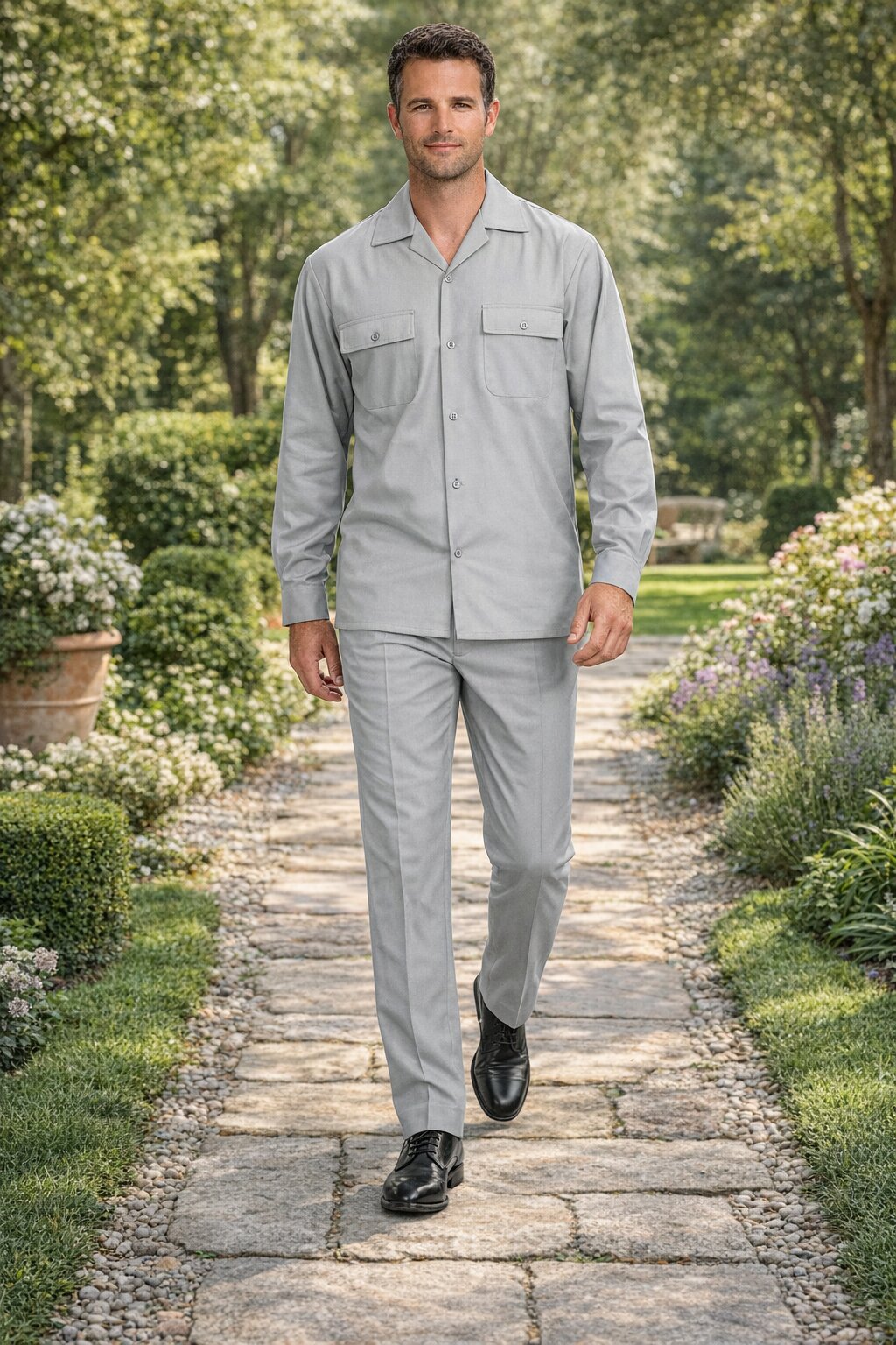 Mens Luxury Grey Wool Two-Piece Leisure Walking Suit