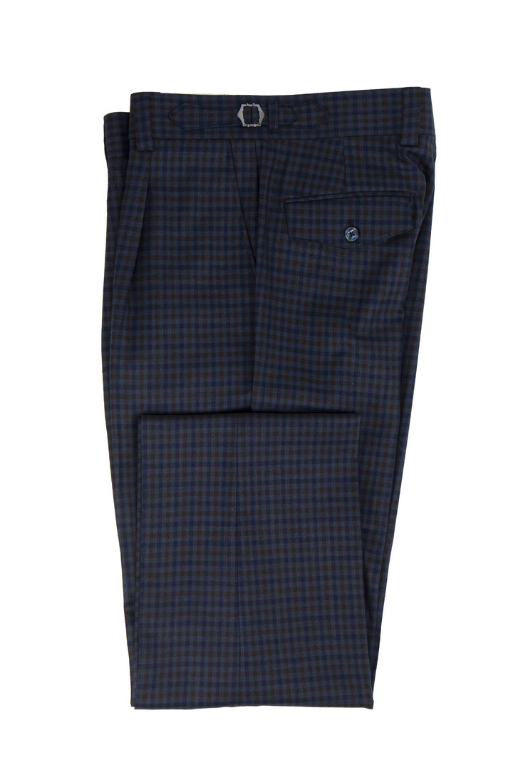 Tiglio Luxe Navy and Brown Check Semi-Wide Leg Wool Marbella Dress Pants TL5543