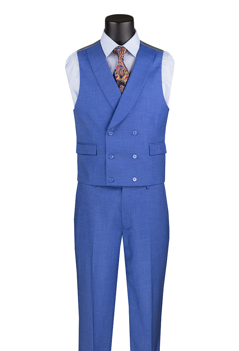 French Blue Modern Fit 3 Piece Suit with Vest and Adjustable Waist Band Pants