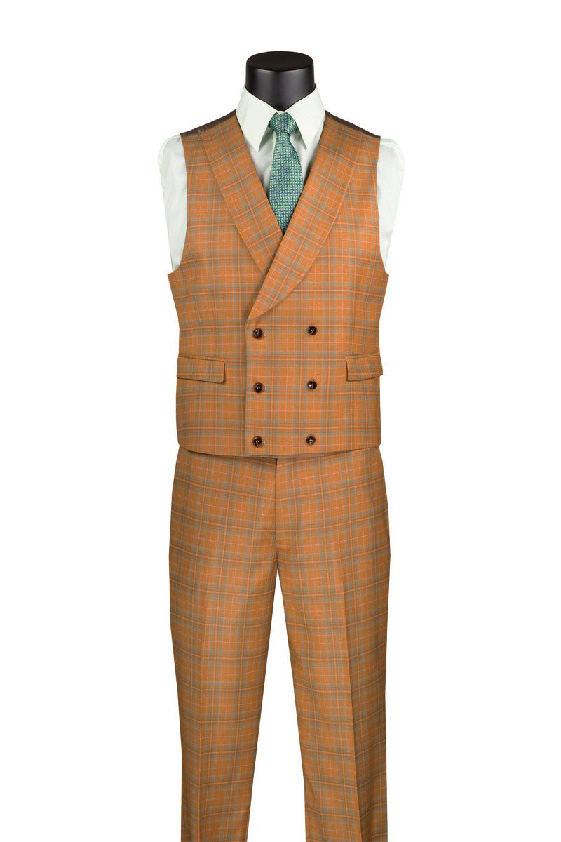 Orange Modern Fit Windowpane Peak Lapel 3 Piece Suit