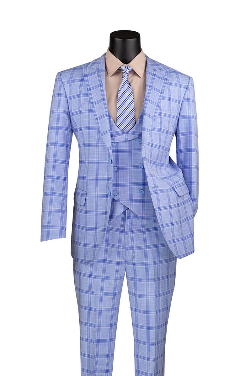 Modern Fit Windowpane Suit 3 Piece with U-Neck Vest in Light Blue