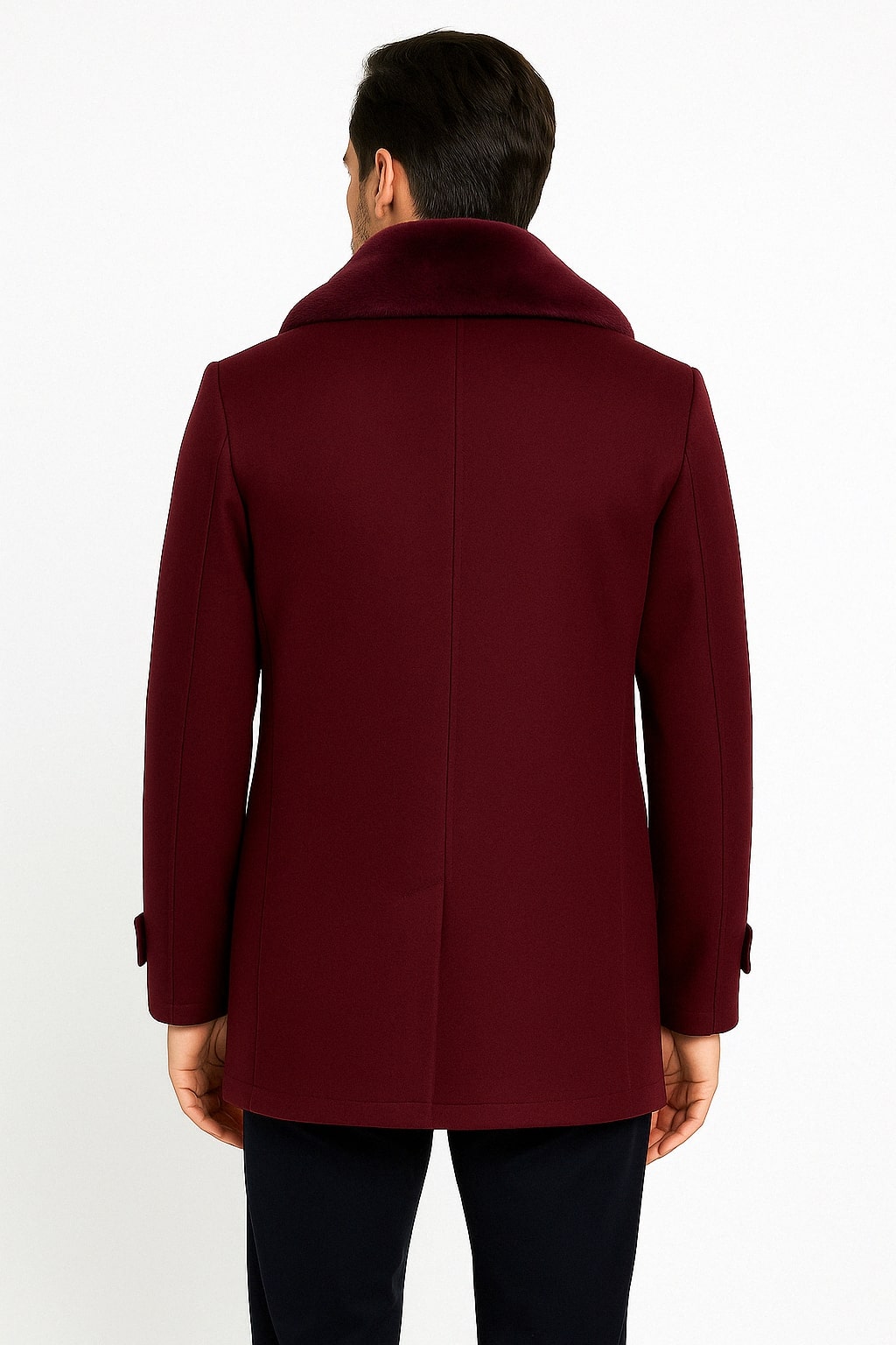 Mens Burgundy Double-Breasted Overcoat with Faux Fur Shawl Collar, Alberto Nardoni Signature