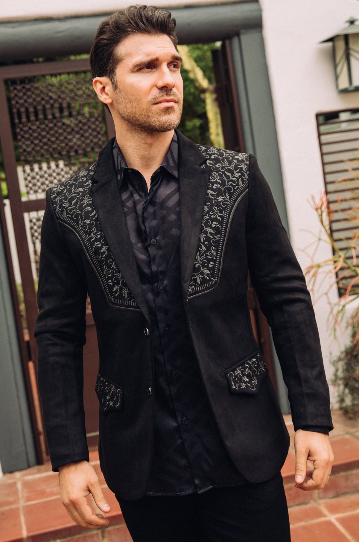 Men’s Black Faux Suede Embroidered Dinner Blazer – Modern Fit Formal Jacket