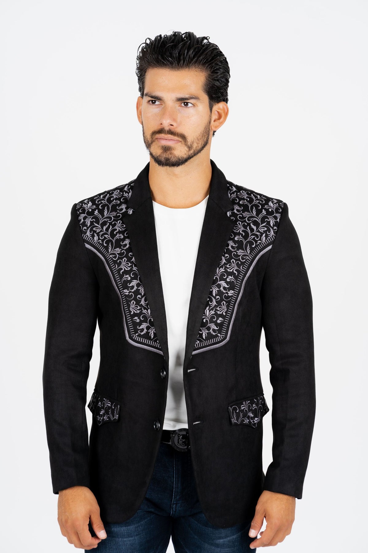 Men’s Black Faux Suede Embroidered Dinner Blazer – Modern Fit Formal Jacket