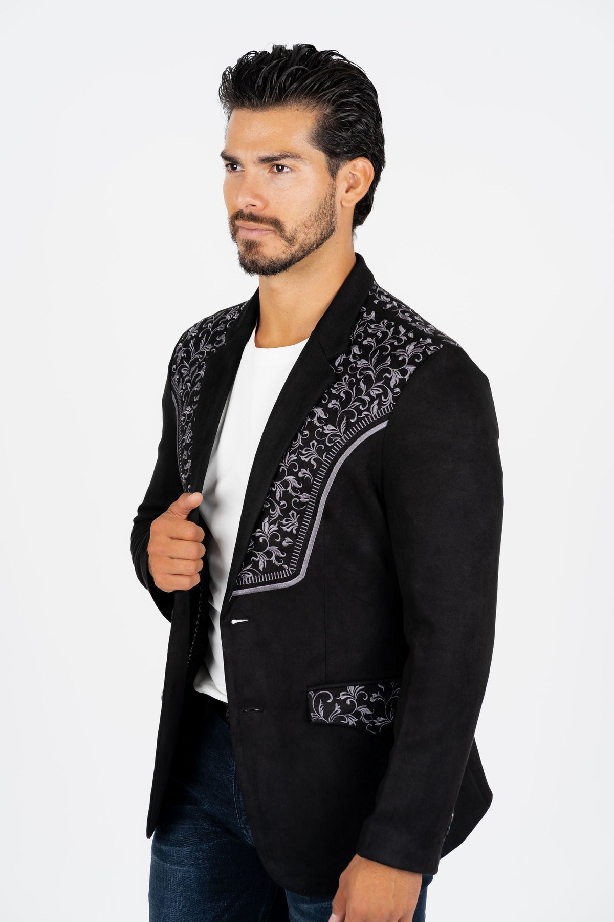 Men’s Black Faux Suede Embroidered Dinner Blazer – Modern Fit Formal Jacket