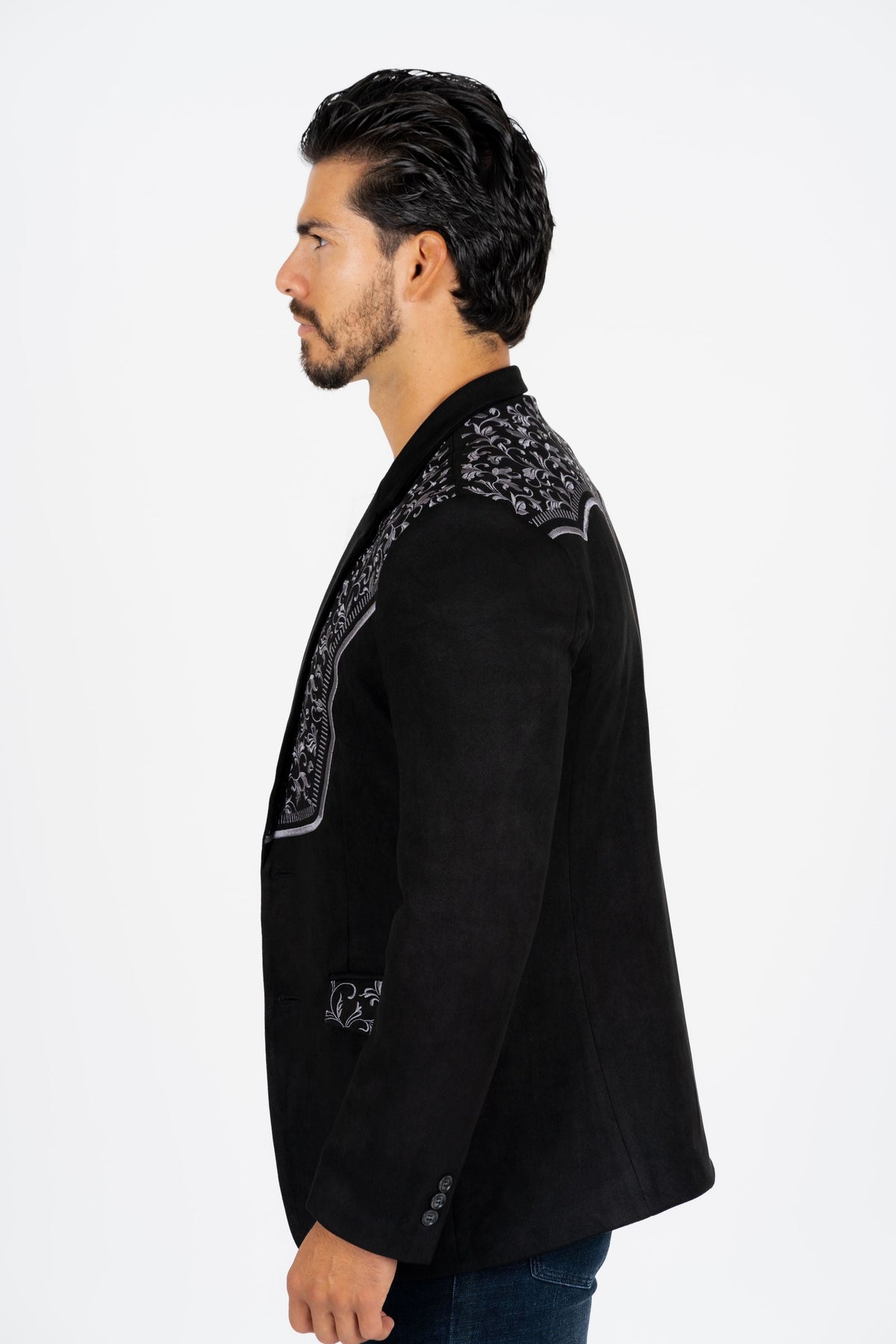Men’s Black Faux Suede Embroidered Dinner Blazer – Modern Fit Formal Jacket