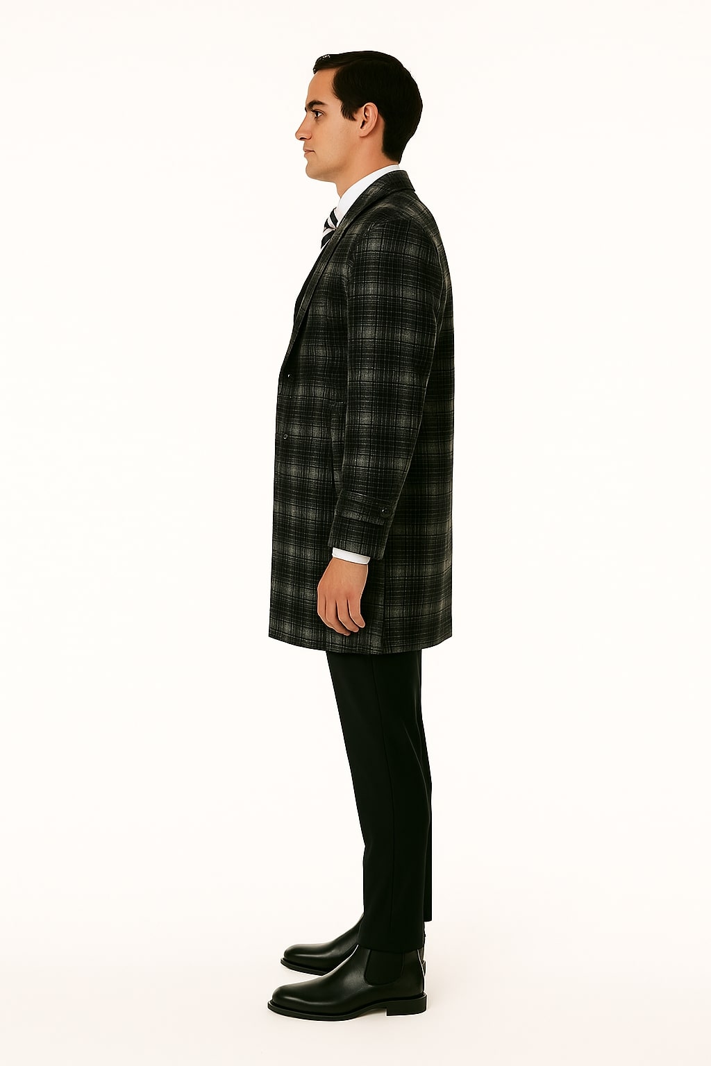 Men's Black and White Windowpane Plaid Overcoat – Classic Full Length Wool Blend Dress Coat