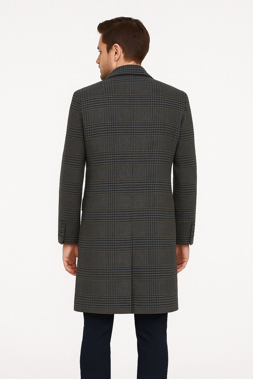 Mens Blue and Grey Glen Plaid Wool Overcoat, Classic Long Winter Coat - Chesterfield Blue Collar