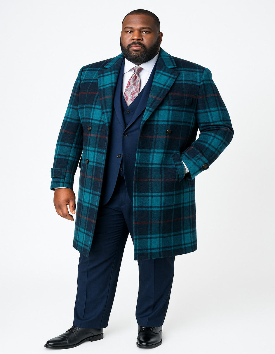 Men's Blue Plaid Wool Overcoat – Double-Breasted Long Winter Coat with Wide Lapel - Full Length