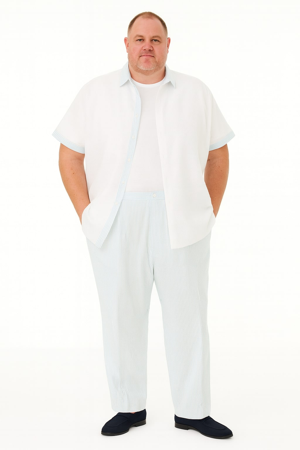 Mens Sky Blue Two-Piece Short Sleeve Shirt and Pants Set, Casual Summer Outfit
