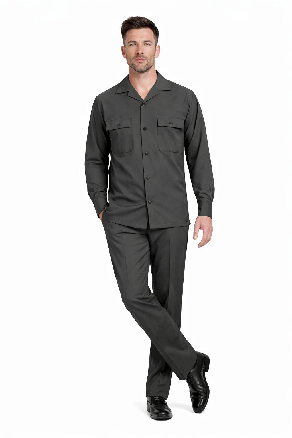 Mens Luxury Charcoal Grey Wool Two-Piece Leisure Walking Suit