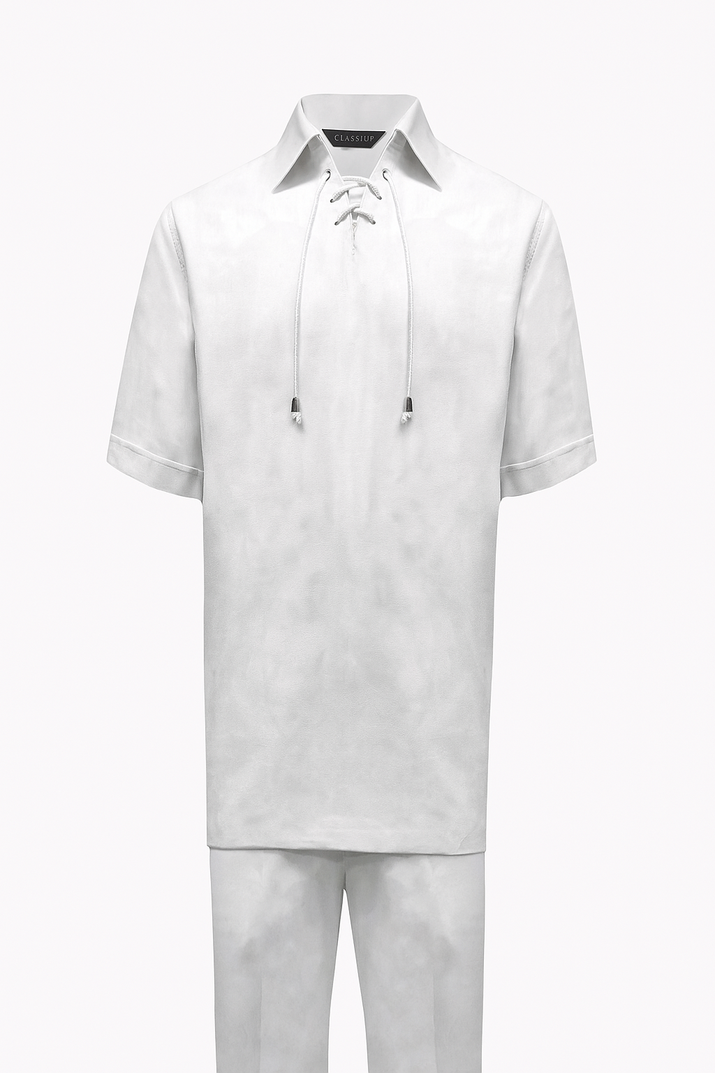Mens White Lace-Up Shirt and Pants Set – Casual Summer Two-Piece Outfit