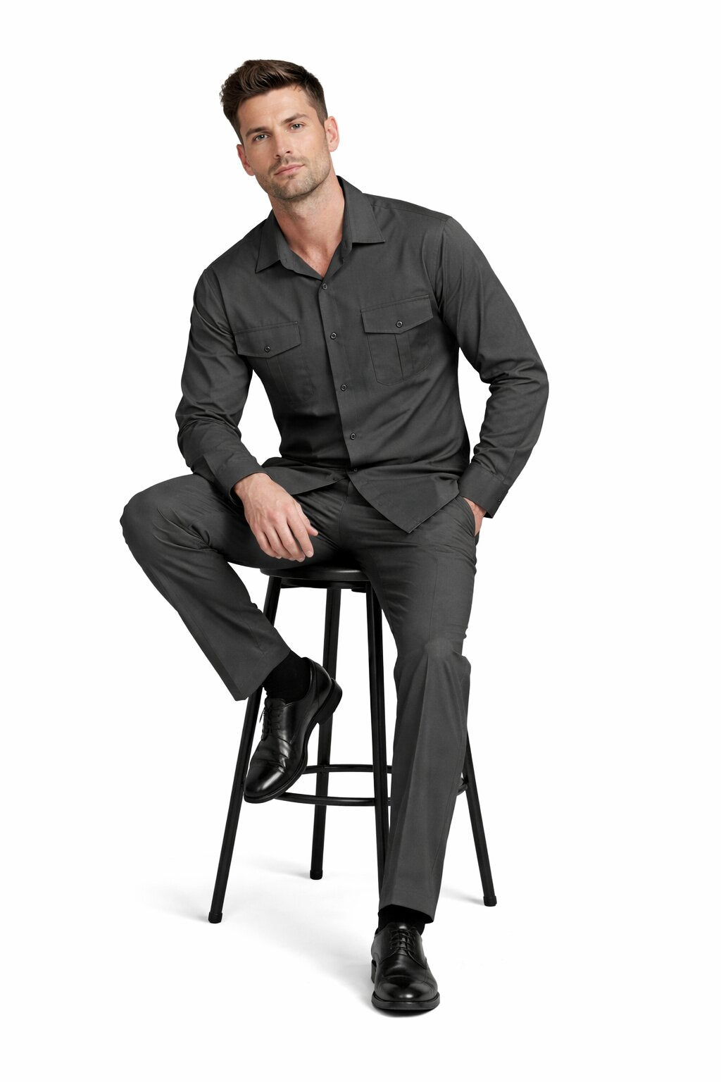 Mens Luxury Charcoal Grey Wool Two-Piece Leisure Walking Suit