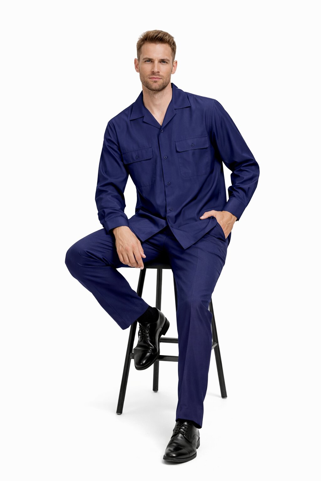 Mens Luxury Navy Blue Wool Two-Piece Leisure Walking Suit