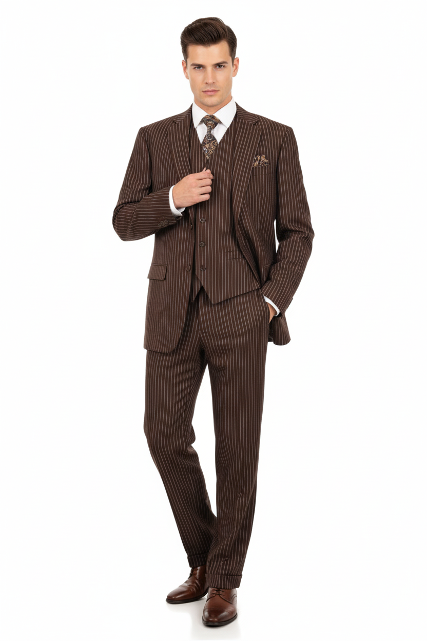 Mens Brown Pinstripe 3-Piece Suit Classic Business and Formal Wear with Vest