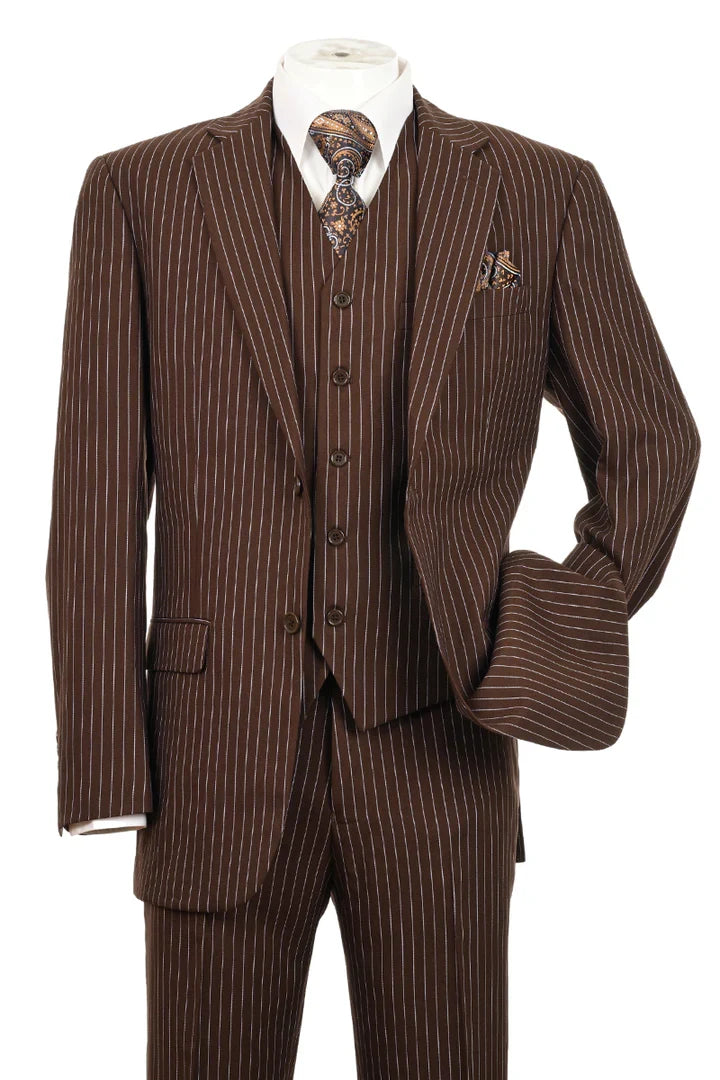 Mens Brown Pinstripe 3-Piece Suit Classic Business and Formal Wear with Vest