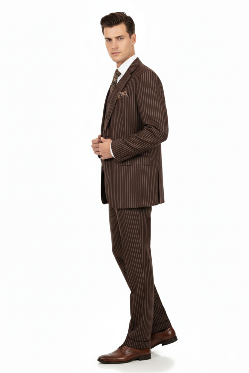 Mens Brown Pinstripe 3-Piece Suit Classic Business and Formal Wear with Vest