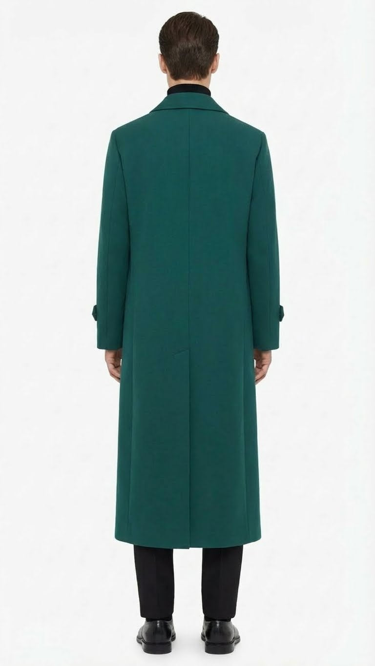 Mens Full-Length Green Overcoat Microfiber Blend for Winter Maxi Duster Coat