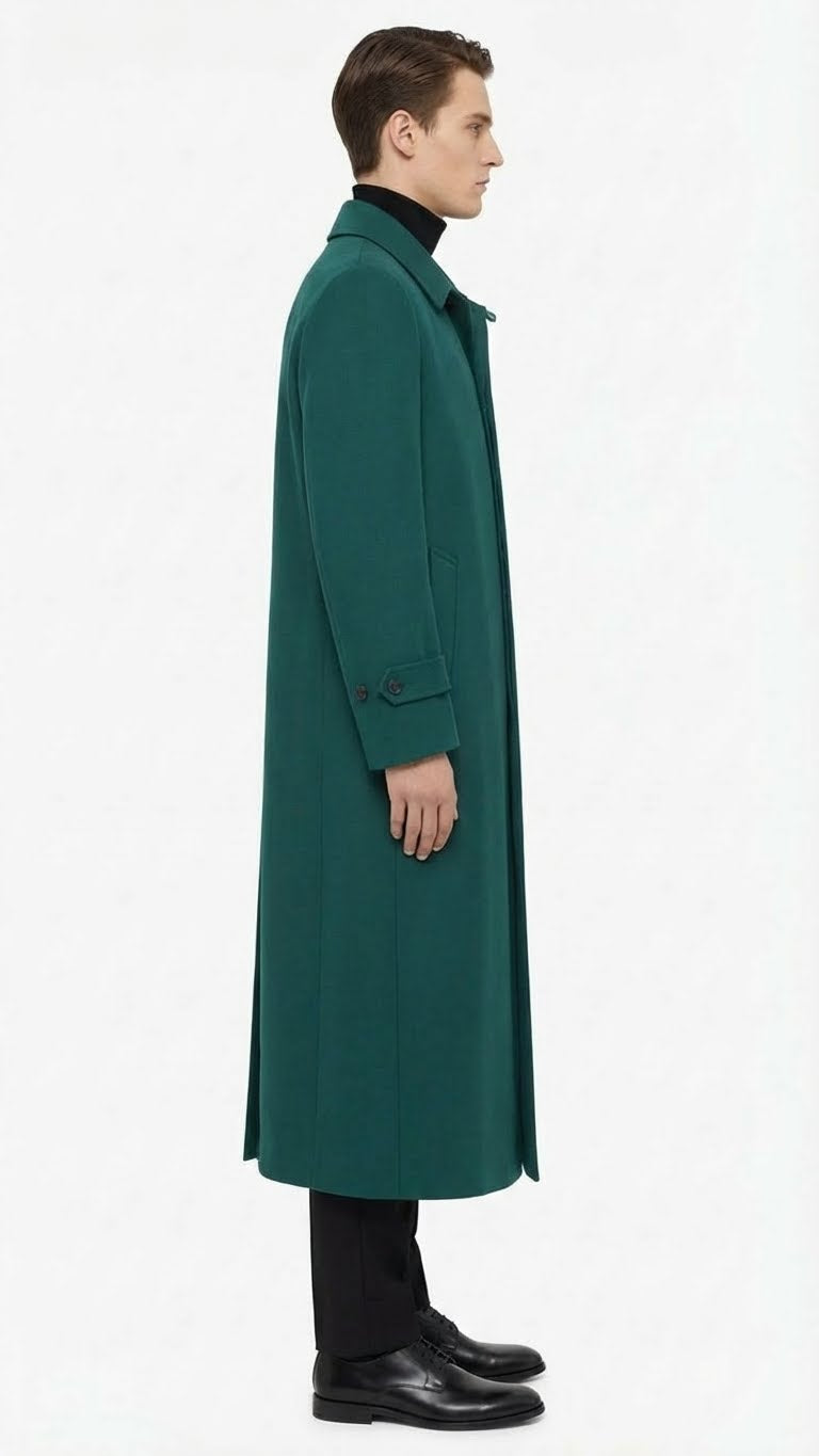 Mens Full-Length Green Overcoat Microfiber Blend for Winter Maxi Duster Coat