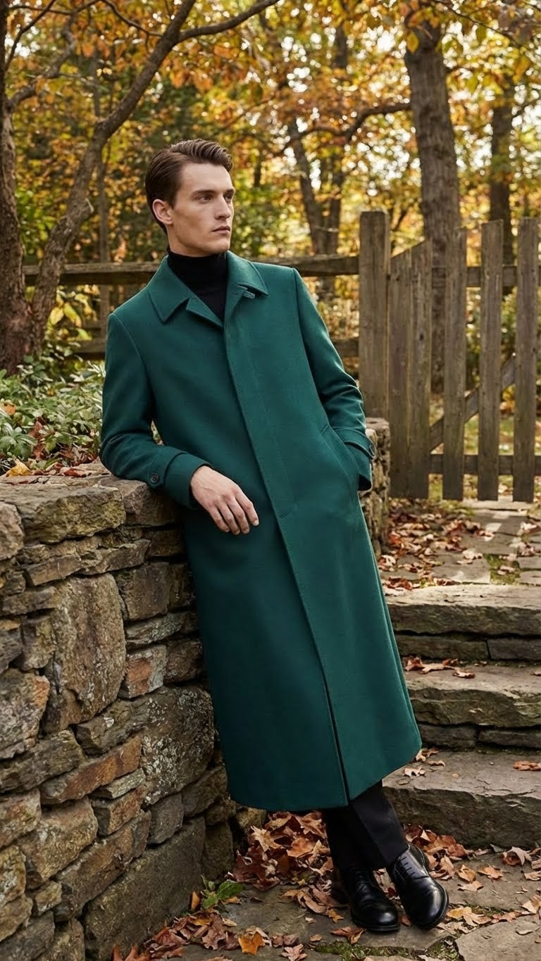 Mens Full-Length Green Overcoat Microfiber Blend for Winter Maxi Duster Coat