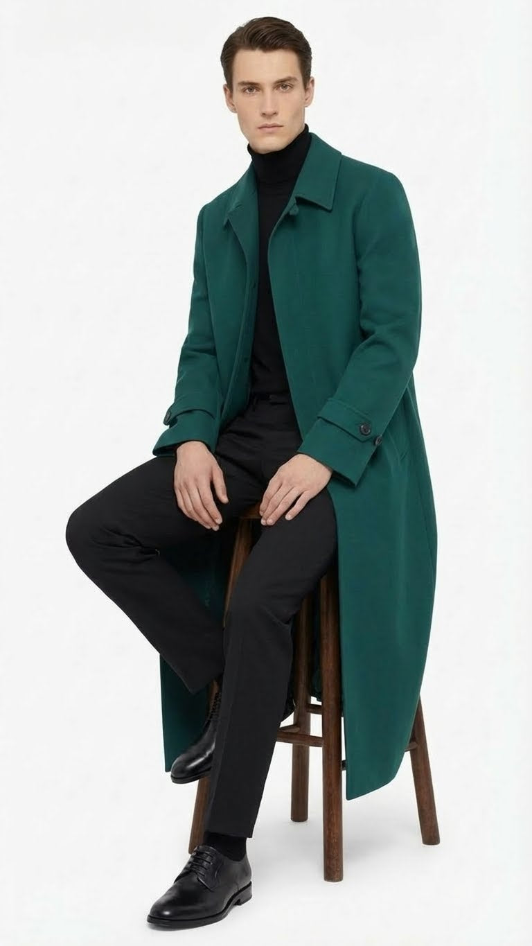 Mens Full-Length Green Overcoat Microfiber Blend for Winter Maxi Duster Coat
