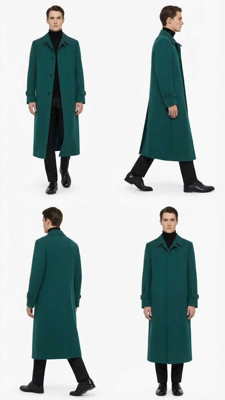 Mens Full-Length Green Overcoat Microfiber Blend for Winter Maxi Duster Coat