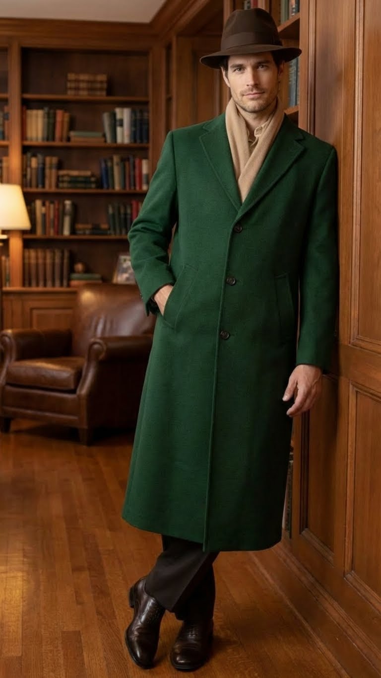 Mens Hunter Green Full-Length Wool Overcoat Classic Winter Dress Coat for Formal and Everyday Wear