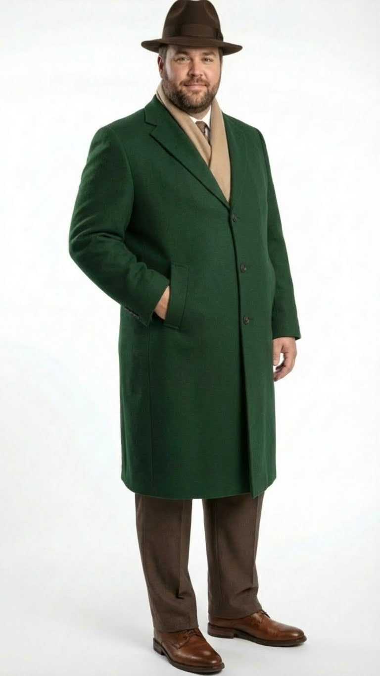 Mens Hunter Green Full-Length Wool Overcoat Classic Winter Dress Coat for Formal and Everyday Wear