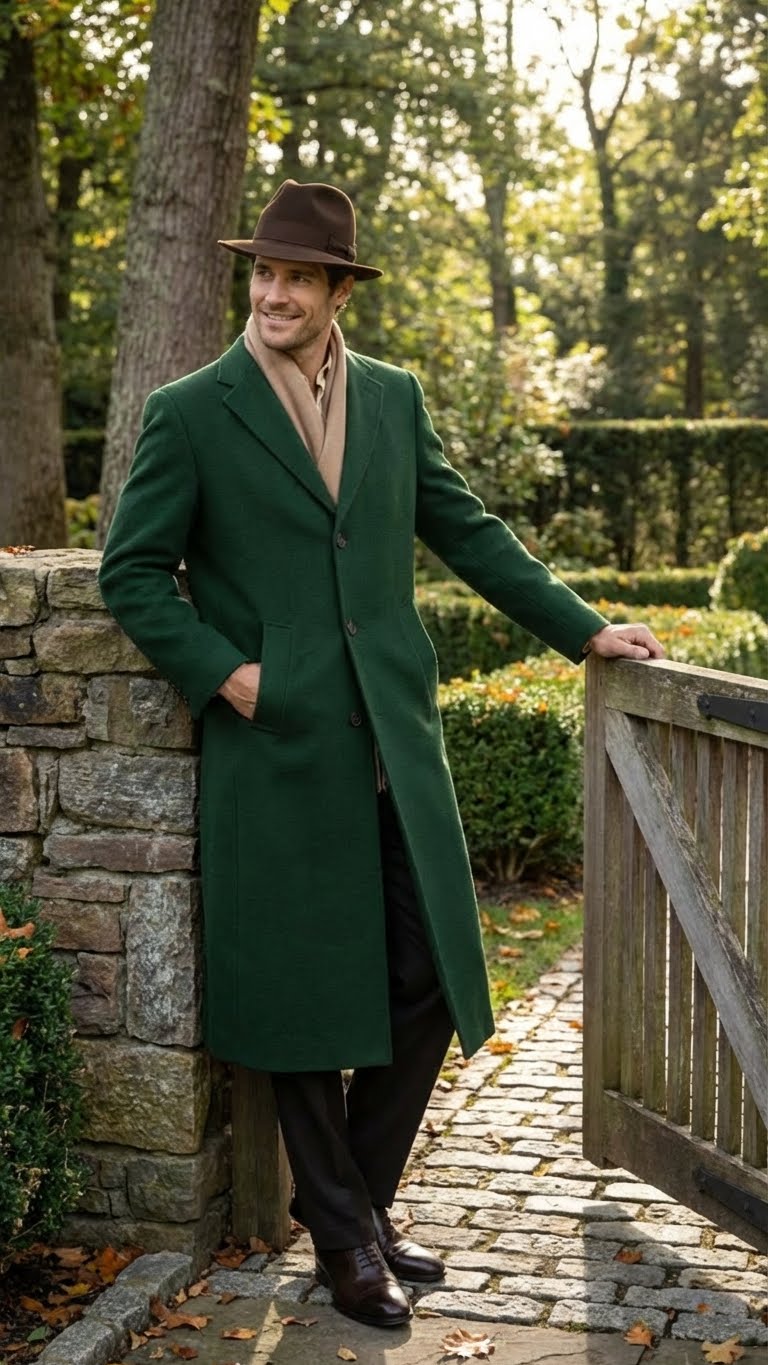 Mens Hunter Green Full-Length Wool Overcoat Classic Winter Dress Coat for Formal and Everyday Wear