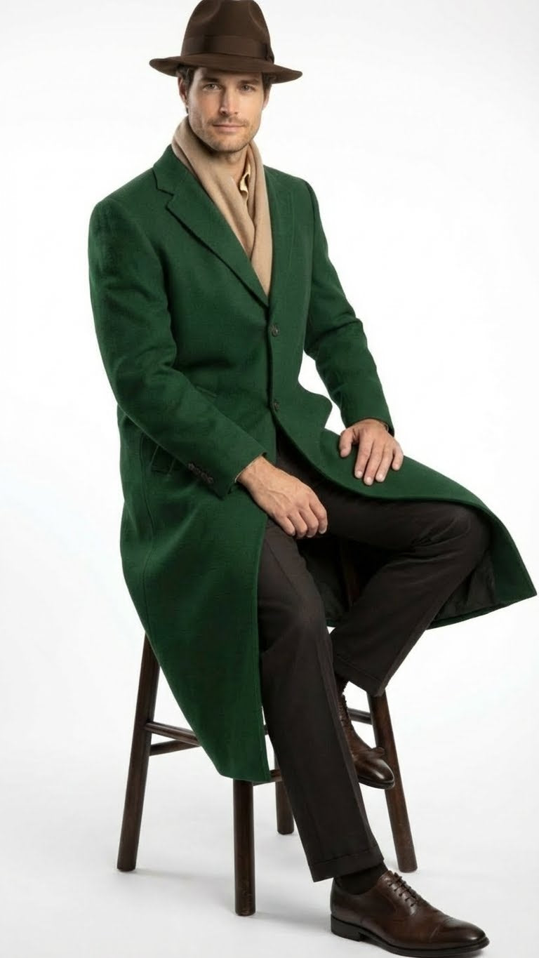 Mens Hunter Green Full-Length Wool Overcoat Classic Winter Dress Coat for Formal and Everyday Wear