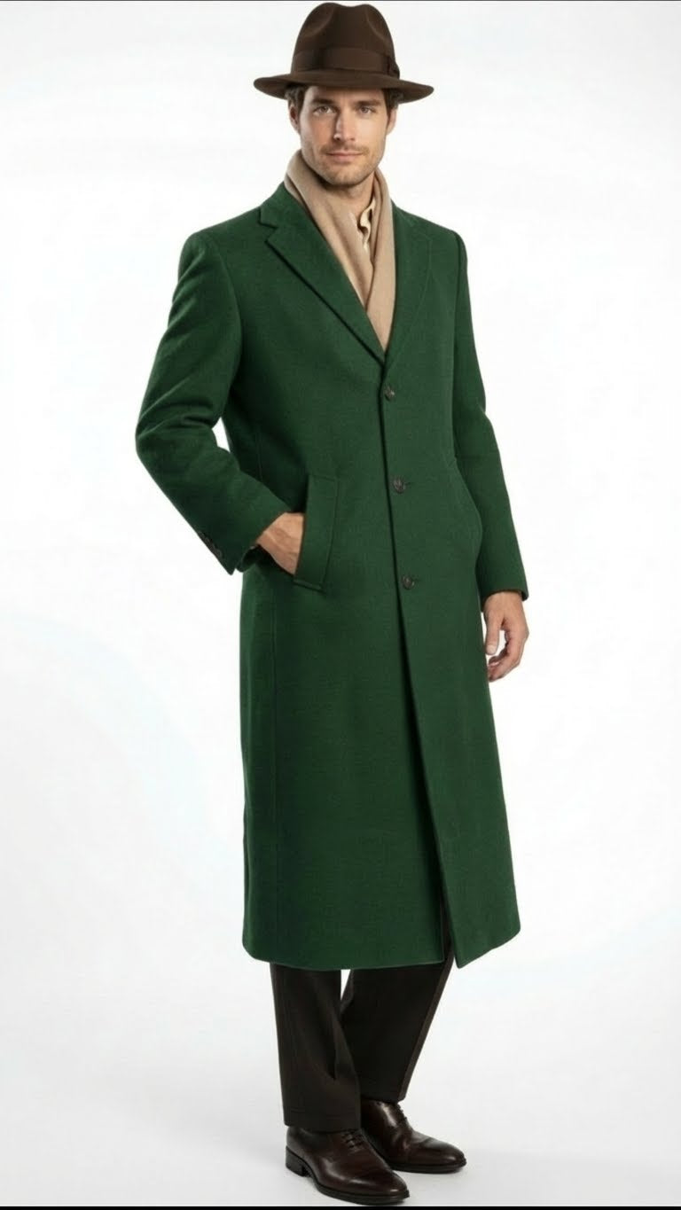 Mens Hunter Green Full-Length Wool Overcoat Classic Winter Dress Coat for Formal and Everyday Wear