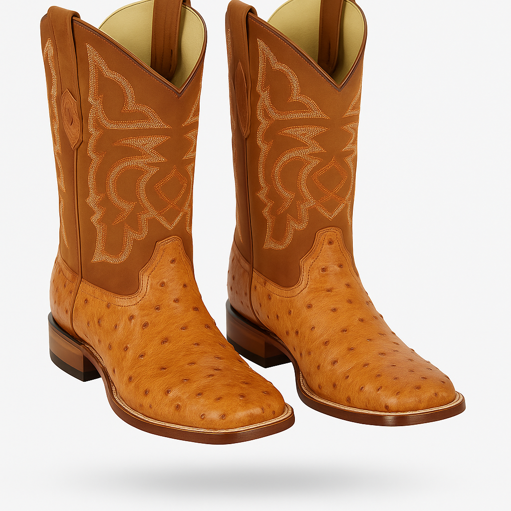 Men's Los Altos Ostrich Skin Wide Square Toe Boots - B-New Designer Collection