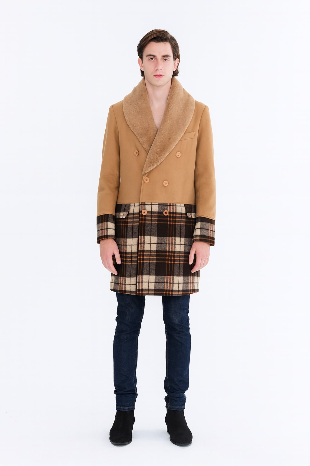 Mens Camel Brown Shawl Collar Overcoat with Plaid Wool Bottom – Double-Breasted Winter Topcoat With Fur Collar
