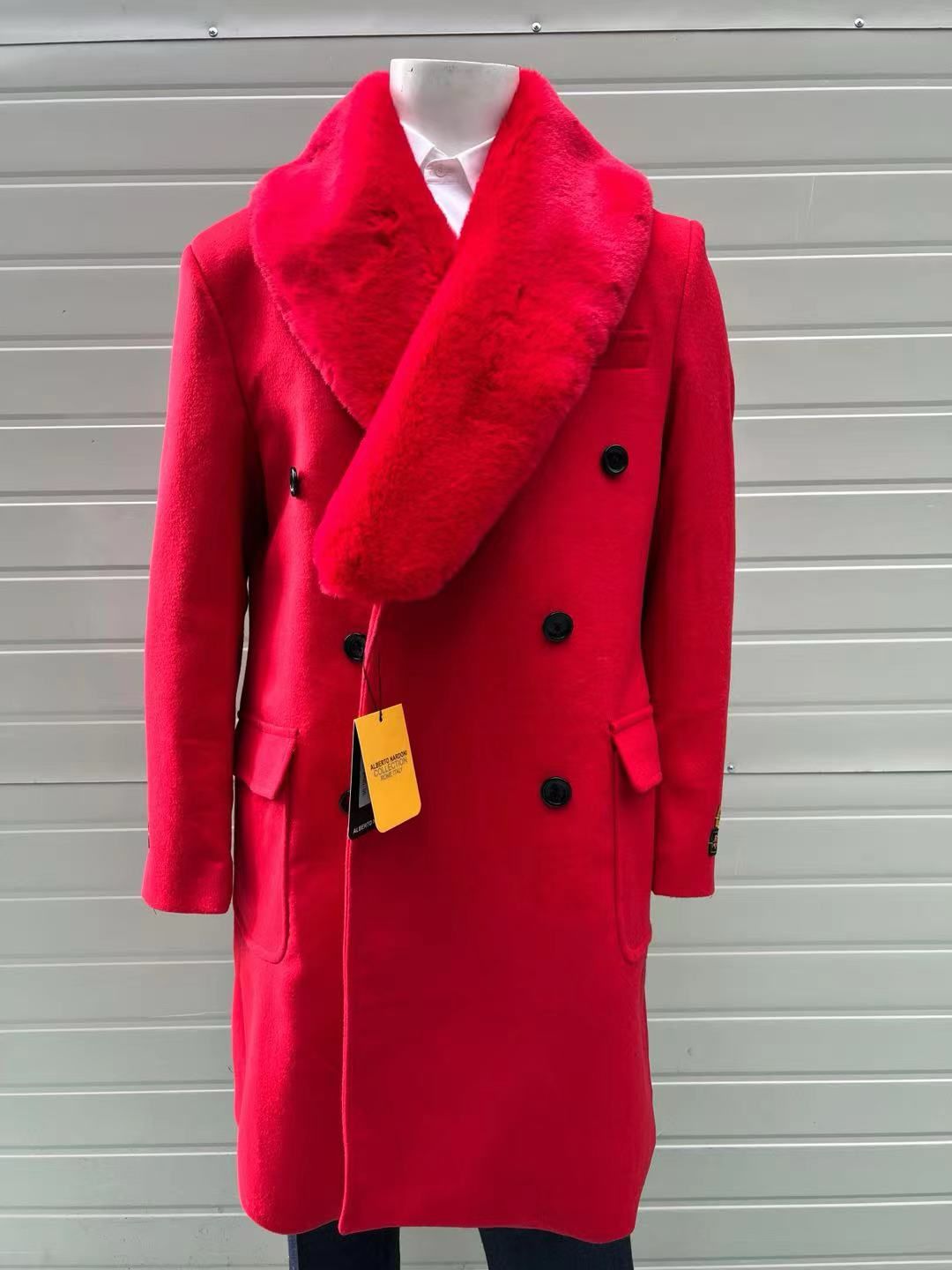 Mens Double Breasted Red Overcoat with Bold Red Faux Fur Collar – Alberto Nardoni Luxury Winter Coat