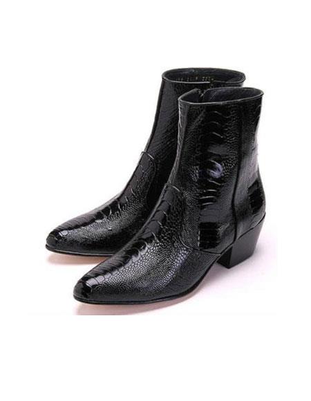 Los Altos Men’s Black Ostrich Ankle Dress Boots, Genuine Exotic Higher Heel Dress Boots